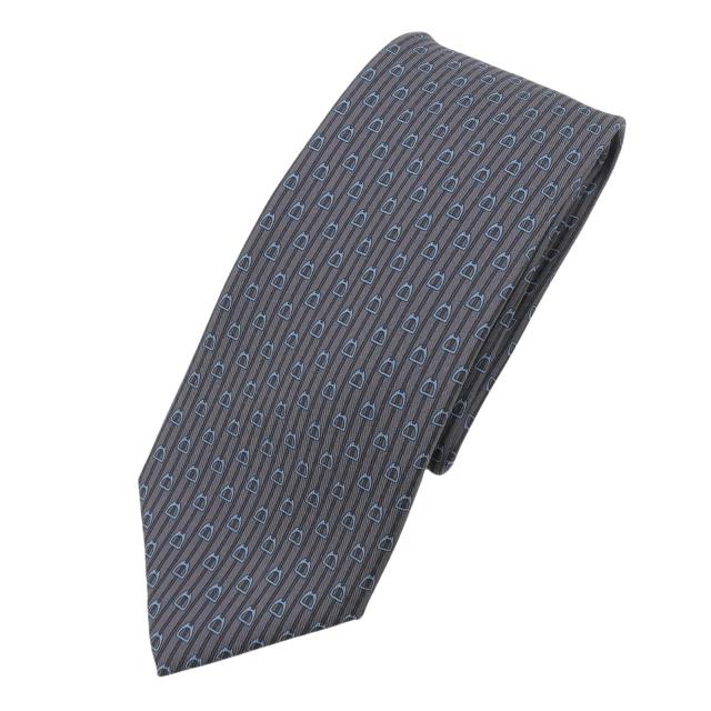 極美品▲HERMES エルメス シルク100％ 馬具モチーフ 総柄 ネクタイ グレー ブルー フランス製 メンズ 箱付き ビジネスオススメ◎