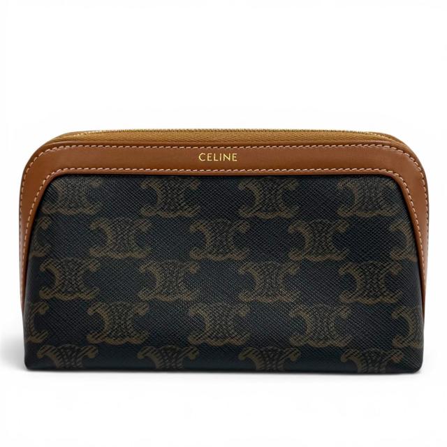 美品★CELINE セリーヌ 4M1622CZ スモール コスメティックポーチ トリオンフキャンバス カーフスキン タン 化粧ポーチ ゴールド金具 伊製 31,460円