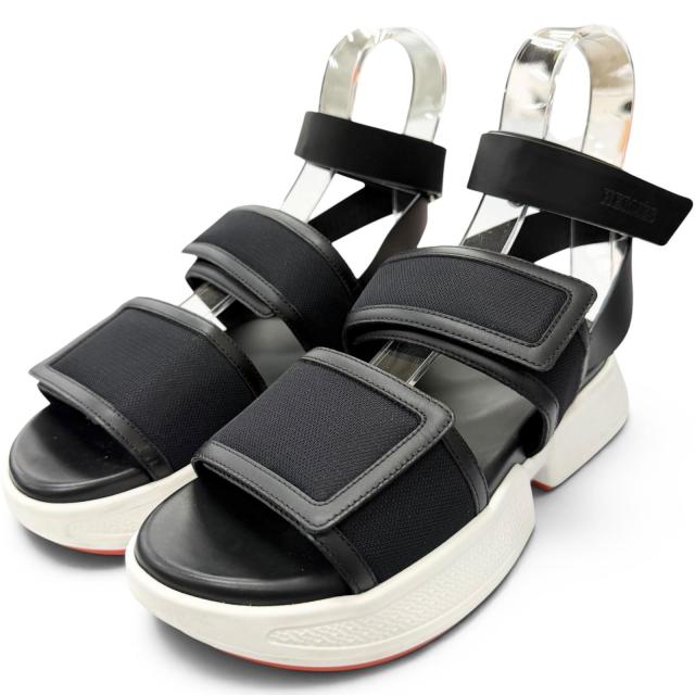 美品□HERMES エルメス RG231219Z ギーク レザー メッシュ アンクルストラップサンダル ブラック 37 イタリア製 レディース 保存袋付き