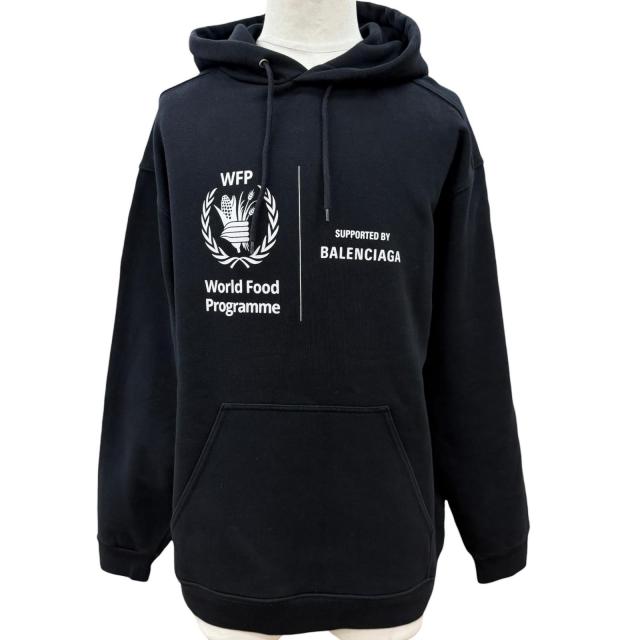 美品▼BALENCIAGA バレンシアガ 600583 コットン100% WFPロゴ フーディー 裏起毛 プルオーバー パーカー ブラック M 正規品 メンズ