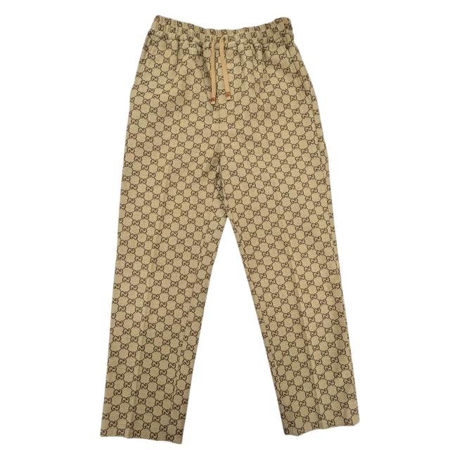 極美品◇GUCCI グッチ 755210 コットン ロゴボタン付 GG総柄 レザー使い イージーパンツ ジョガーパンツ ブラウン 44 伊製 正規品 メンズ 50,820円
