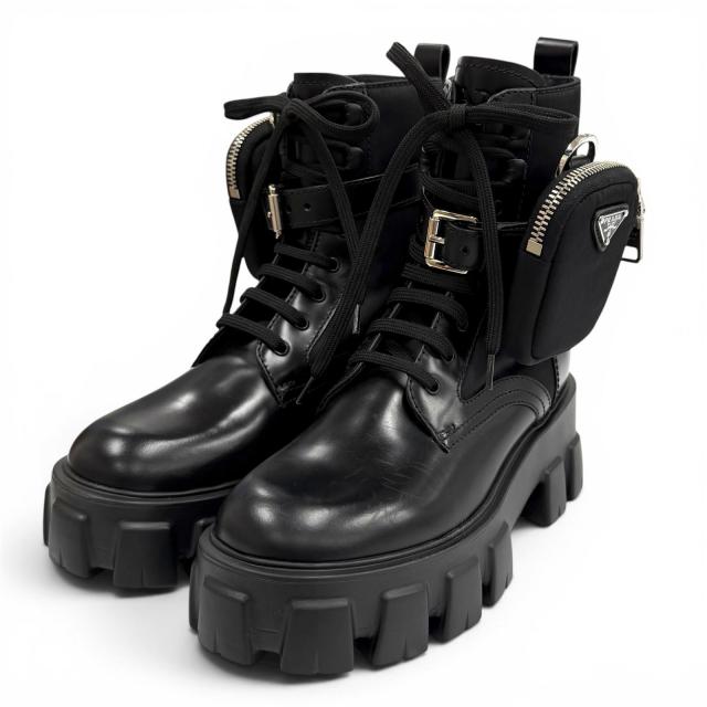 未使用品★PRADA プラダ 1T255M モノリス Re-Nylon トライアングルロゴ ポーチ付 ブラッシュドレザー ショートブーツ ブラック 35.5 伊製