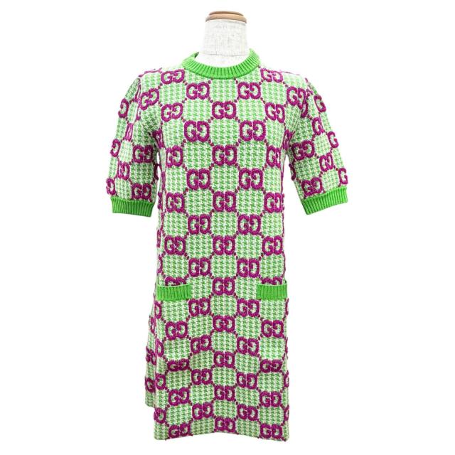 極美品△GUCCI グッチ 731014 ウール GG柄 半袖 ニット ワンピース ミニ丈 グリーン パープル系 XS イタリア製 正規品 レディース 箱付き 93,170円