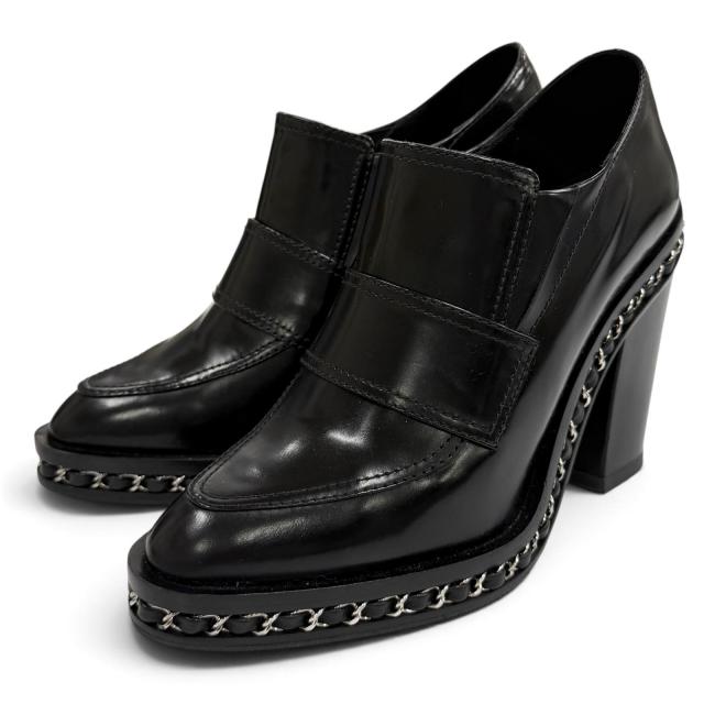 美品★CHANEL シャネル G29562 ココマーク チェーン付 レザー ローファー ブーティ ブラック シルバー金具 36.5 イタリア製 箱付き 28,314円