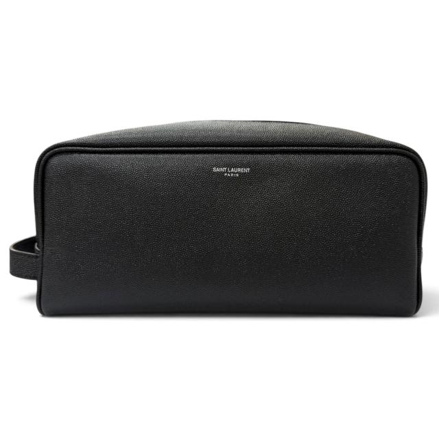 極美品□SAINT LAURENT PARIS サンローランパリ 609347 グレインカーフ ロゴ入り トラベルポーチ クラッチバッグ ブラック イタリア製