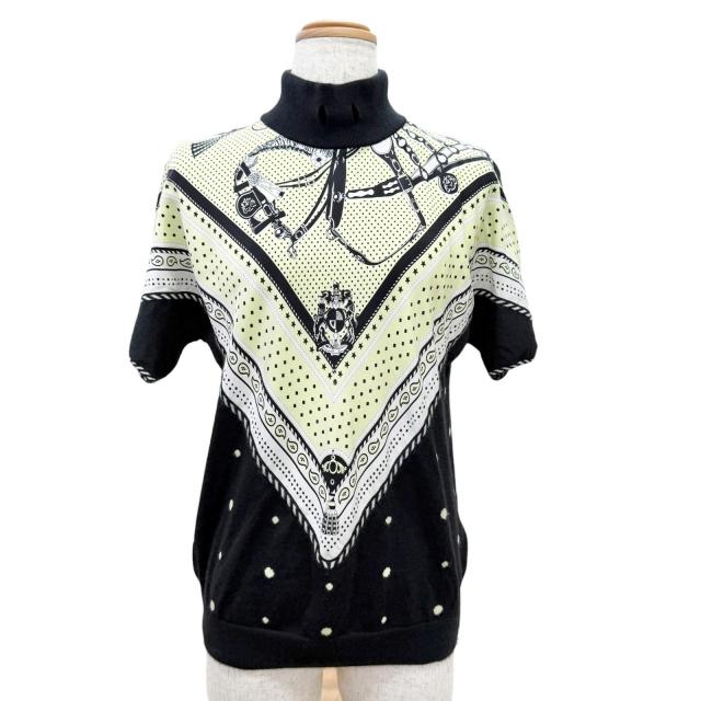 極美品△HERMES エルメス 22AW 2H2826DS HARNAIS DE COUR BANDANA 宮廷の馬具 シルク カシミヤ ツイルレーヌ 半袖ニット 36 伊製 正規品