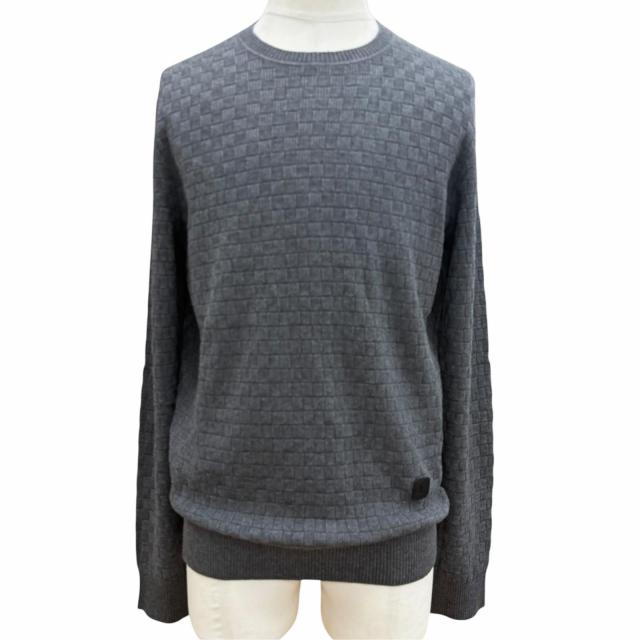 未使用品▼LOUIS VUITTON ルイヴィトン コットン ウール ダミエ レザーパッチ付き クルーネック ニットセーター グレー L 正規品 メンズ