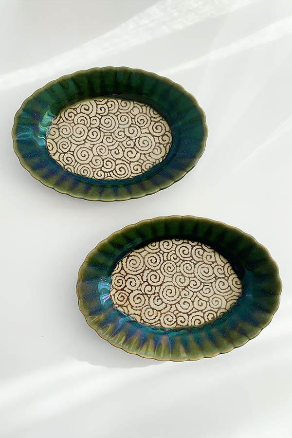 織部焼の変わり丸型落葉文銘々皿(2枚1組)】検索:美濃