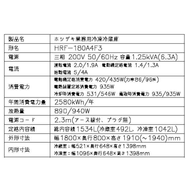 HRF-180A4F3 (新型番:HRF-180A4F3-1) ホシザキ 業務用冷凍冷蔵庫 インバーター 別料金にて 設置 入替 廃棄の通販はau  PAY マーケット 厨房機器販売クリーブランド au PAY マーケット－通販サイト