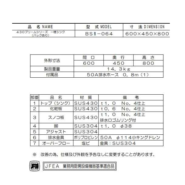 国際ブランド】 BS1-064N マルゼン 一槽シンク バックガードなし