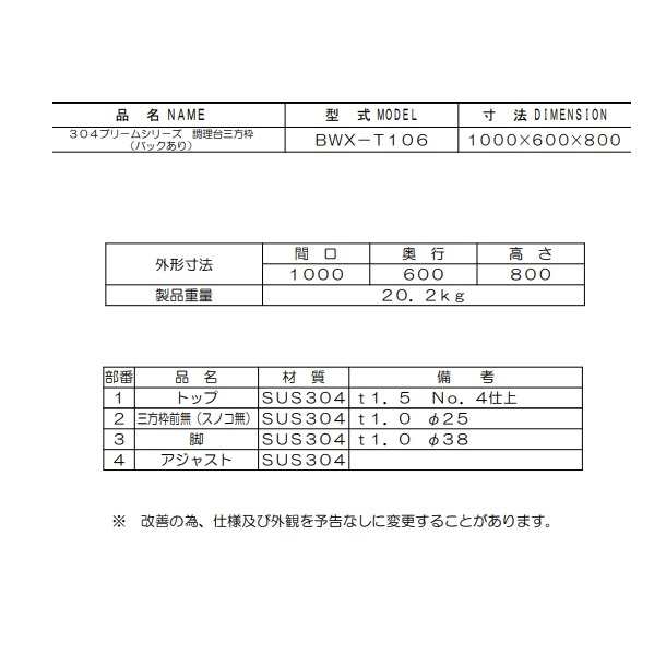 68％以上節約 BWX-T106 SUS304 マルゼン 作業台三方枠 BGあり