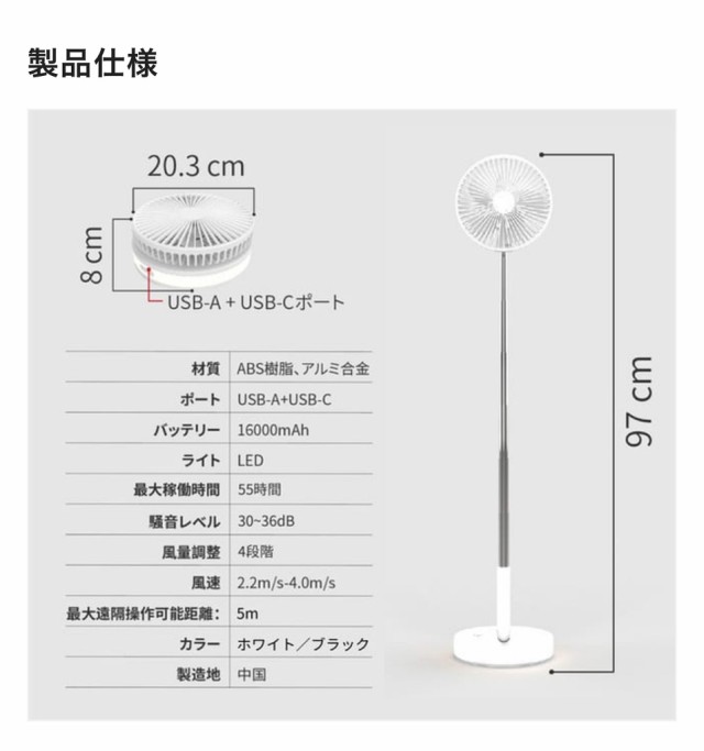 1台3役】扇風機 折りたたみ式 卓上扇風機 16000mAh リモコン付き 充電