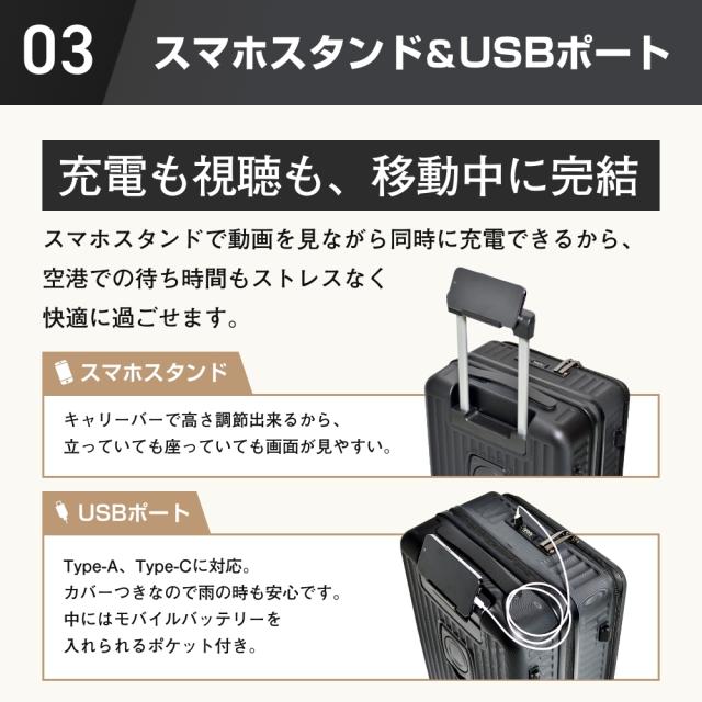Glowing 多機能スーツケース おまけ付き 50L ホワイト／ブラック キャリーバッグ キャリーケース フロントオープン 前開き 拡張 軽量 静音 TSAロック USB カップホルダー ドリンクホルダー ダブルキャスター スマホスタンド 荷物掛け_4