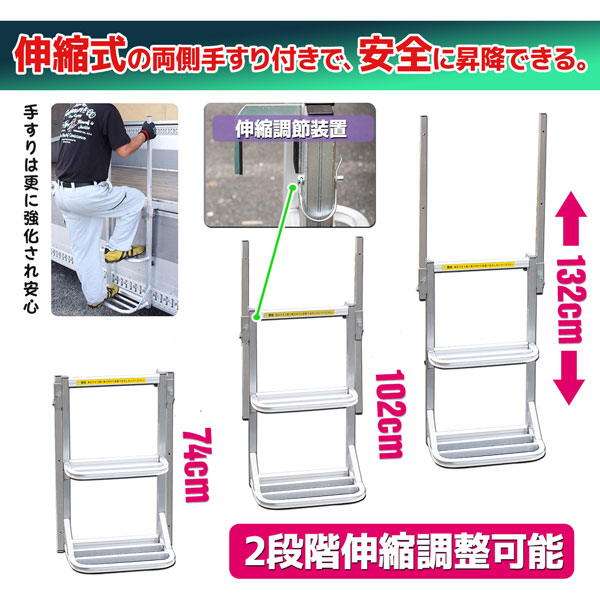 ワイドタイプ手すり付き汎用トラック用荷台はしご２段 トラックはしご アルミ合金 ラダー 昇降ステップ 荷台昇降 簡単設置 物流 運搬　トラックはしご アルミ合金 ラダー 昇降ステップ 荷台昇降_1