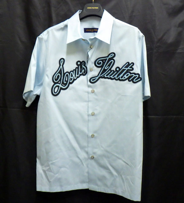 【未使用 S品】 ルイヴィトン エンブロイダードショートスリーブ コットンシャツ メンズ 1AFRLO ブルー Sサイズ