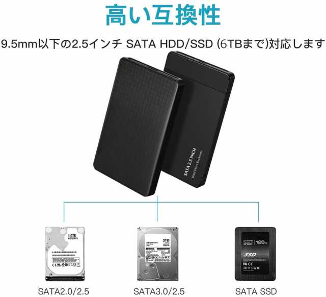 2.5インチ HDD SSD ケース 接続 SATA 9.5mm 7mm 対応黒 - タブレット