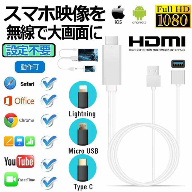 Lightning Android to HDMI 変換ケーブル HDMI変換アダプター 