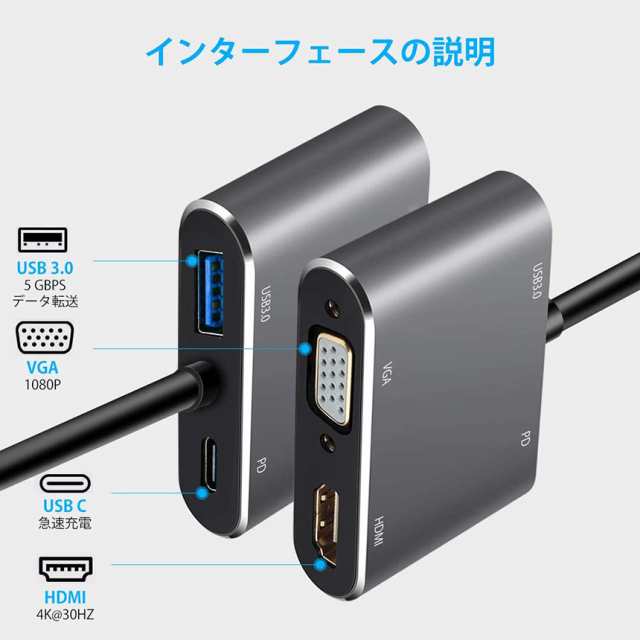 USB C ハブ usb type c ハブ 4K解像度 usb type c HDMI VGA 4in1