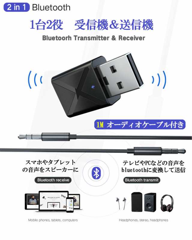 Bluetooth5.0 トランスミッター レシーバー 1台2役 送信機 受信機 無線 ワイヤレス 3.5mm オーディオスマホ テレビ TXモード輸出  RXモーの通販はau PAY マーケット - e-finds