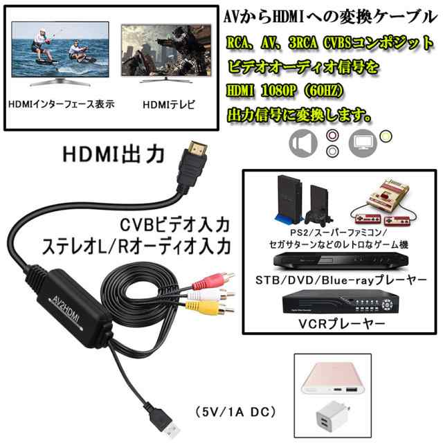 市場 RCA 720P対応 av HDMIケーブル付 音声転送 コンポジットをHDMIに変換アダプタ 1080P hdmi変換ケーブル to  HDMI変換コンバーター