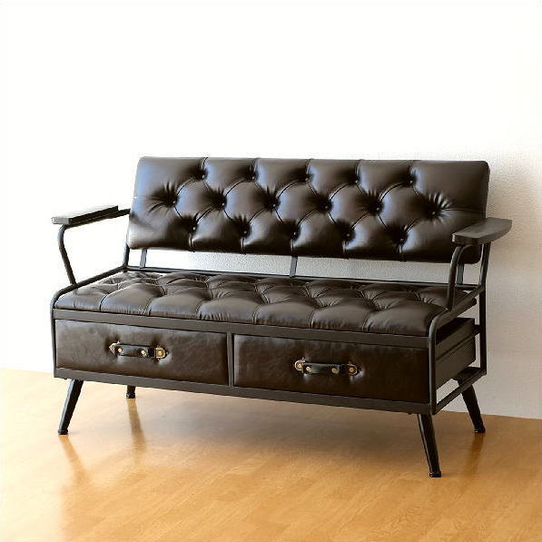 ソファー 収納ベンチ アイアン アンティーク クラシック 引き出し 収納 レトロ インダストリアル おしゃれ 黒 ブラック 2人用 二人用 二人掛け フェイクレザーの引き出し付き2人掛けソファー【開梱設置送料無料】の通販は