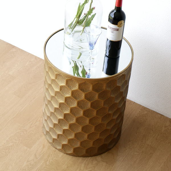 サイドテーブル 花台 ミラー おしゃれ 丸テーブル ソファーサイドテーブル アンティーク アイアンとミラーのテーブル ラウンドの通販は