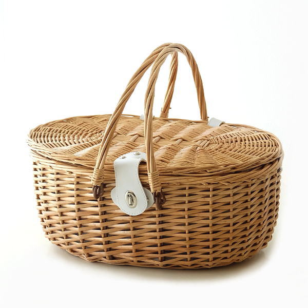 バスケット カゴ かご ピクニック おしゃれ かわいい ナチュラル オーバル型 蓋つき 収納かご 手提げ ハンドル付き 自然素材 収納 インテリア ラウンドピクニックバスケットの通販は 7,603円