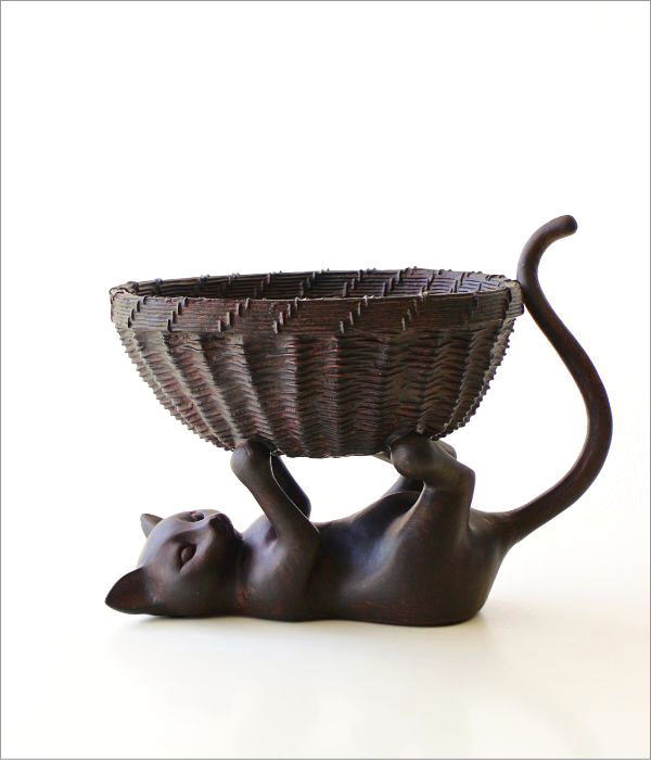 小物入れ 収納かご バスケット カゴ 編み籠 猫雑貨 猫 置物