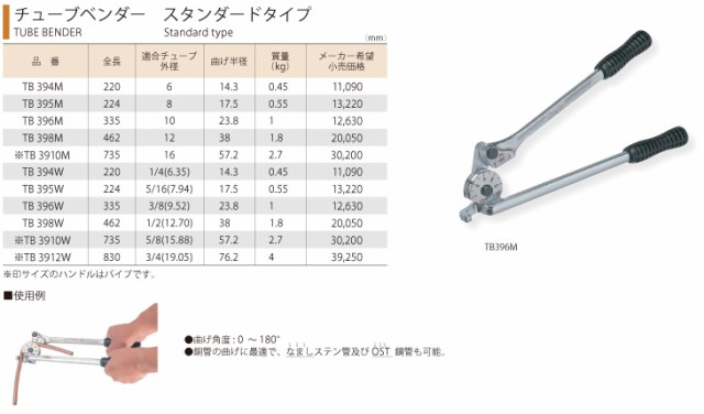 スーパーツール　チューブベンダー　スタンダードタイプ　TB3910M　適合チューブ外径：16　曲げ半径：57.2｜au PAY マーケット