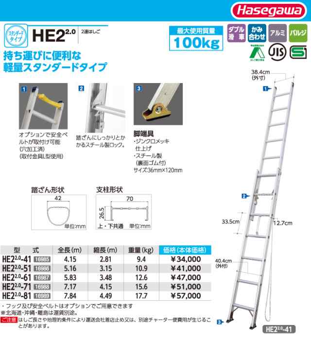 94％以上節約 二連はしご 軽量スタンダードタイプ HE22.0-61 fisd.lk