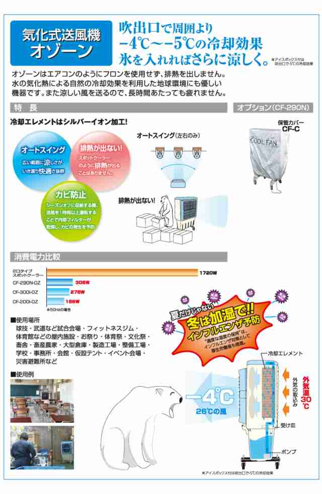 日動工業 大型気化式送風機 (冷風・加湿) オゾーン アイスボックス付き CF-300I-OZ 100V 風量3段階 風向左右自動 OFFタイマー付 体育館・