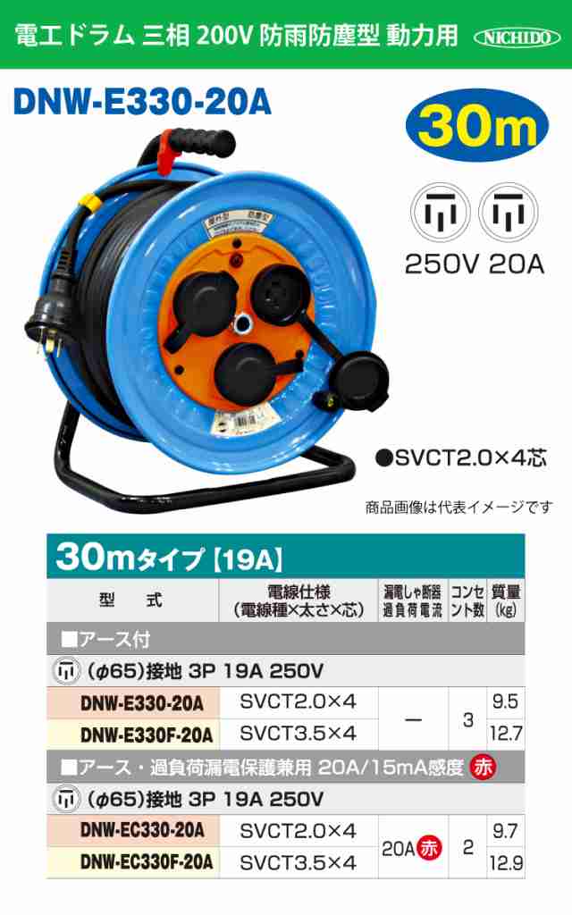 日動工業 日動工業 ND-E330-20A 電工ドラム 三相200Vドラム アース付 30m