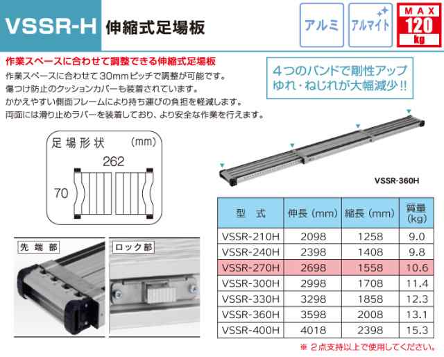 アルインコ 伸縮式足場板 VSSR270H 伸長(mm)：2698 使用質量(kg)：120