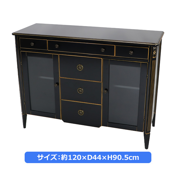 ロココ調 キッチンカウンター ブラック 約W120×約D44×約H90.5(cm) 収納 木製 ロココ アンティーク クラシック レトロ ヨーロピアン エレガント サイドボード キャビネット サイドチェスト タンス 完成品 リビング おしゃれ 黒 rococof103bk