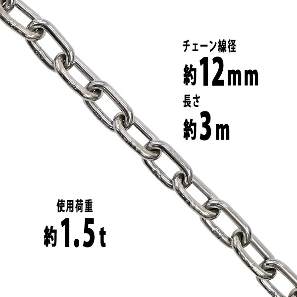 ステンレスチェーン チェーン 線径約12mm 使用荷重約1.5t 約1500kg 約3m SUS304 JIS規格 ステンレス製 鎖 くさり 吊り具 チェーンスリング スリングチェーン リンクチェーン チェイン 金具 クレーン ホイスト 玉掛け 吊り上げ 建築 工場 水まわり suschain12mm3mの通販は