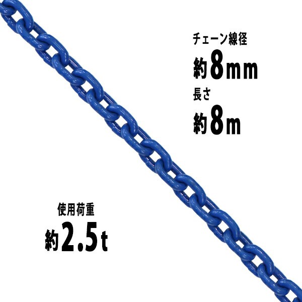 チェーン 線径約8mm 使用荷重約2.5t 約2500kg 約8m G100 ハイグレードモデル 鎖 くさり 吊り具 チェーンスリング スリングチェーン リンクチェーン チェイン 金具 クレーン ホイスト 玉掛け 吊り上げ 運搬 建築 土木 鉄工 運輸 造船 青 g100bchain8mm8mの通販は
