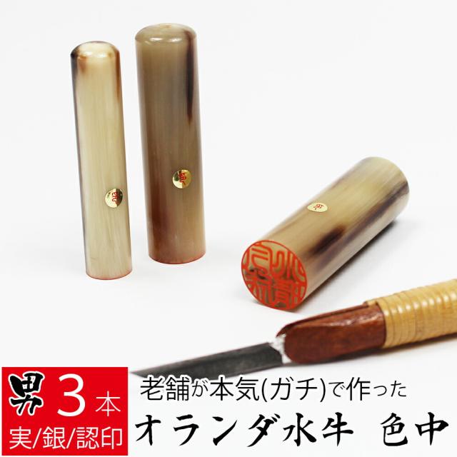 印鑑 はんこ オランダ水牛 色中 男性用 3本セット ケース無し 銀行印 実印 認印 12mm丸 15mm丸 18mm丸 10年保証