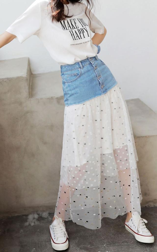デニムスカート デニム レース チュールレース ケーキスカート ドット ハイウエスト ロング丈 きれいめ 脚長効果 お洒落 可愛いの通販はau Pay マーケット ウッディーベース４号店