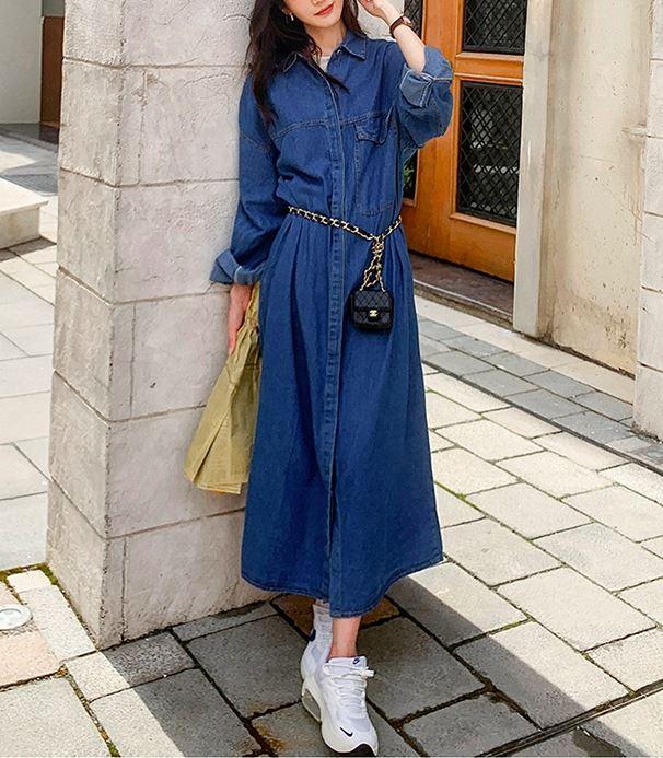 デニムワンピース ライトコート シャツワンピース ロング丈 無地 長袖 ダークブルー ライトブルー カジュアル 秋冬の通販はau Pay マーケット ウッディーベース４号店