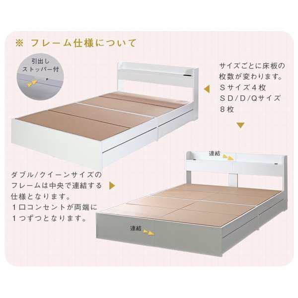 ベッド 収納ベッド ダブル ホワイト チェストベッド 引き出し2杯 2口コンセント宮棚 フラット床版 床下収納 左右付け替えOK キャスター引出し 