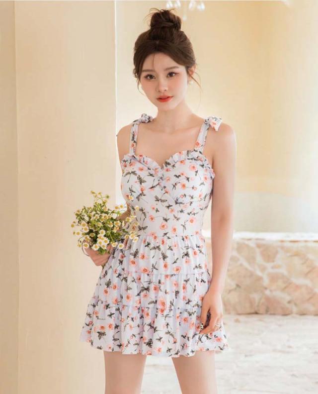 水着 ワンピース 花柄 肩リボン シフォン 白 可愛い 体型カバー 水着 ワンピース 花柄 肩リボン シフォン 白 可愛い 体型カバー