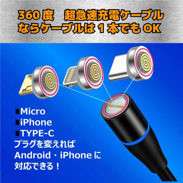 国際ブランド 2本セット iphone Micro TYPE-C 充電ケーブル データ通信 USBケーブル マグネット 3.0A 急速充電 低負荷  360度回転 4カラー discoversvg.com