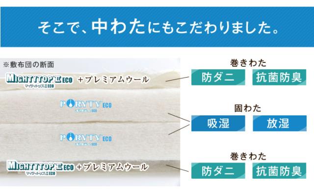 敷布団 セミダブル 防ダニ フランス産ウール使用日本製 抗菌防臭 吸汗速乾 極厚4層 敷き布団 80mm 固綿 120×200cm_9