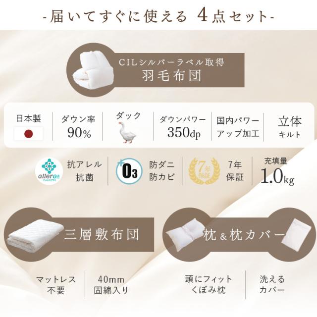 羽毛布団セット シングル ロング 4点 日本製 羽毛布団4点セット ホワイトダックダウン 90％ CILシルバーラベル 組布団 掛布団 固綿入り 敷布団 くぼみ 枕 枕カバー 掛け布団 敷き布団 ふとん 枕 あったか 冬_1