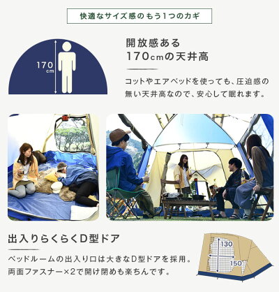 テント 4〜6人用 2ルーム サイドウォール 幅340cm ファミリー