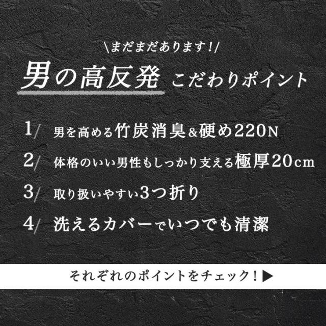 【10:00〜P5%還元】 極厚20cm 竹炭消臭 男の純高反発(R) Z 三つ折り マットレス ダブル 硬め 220N 高反発マットレス 高反発 超低ホル ベッドマット 男の高反発 マットレス 高反発マット 20cm 3つ折り 折りたたみ 敷布団_7