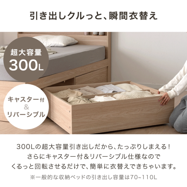 衣替え 大容量 収納ベッド ライト付 USB コンセント付き 宮付き 収納
