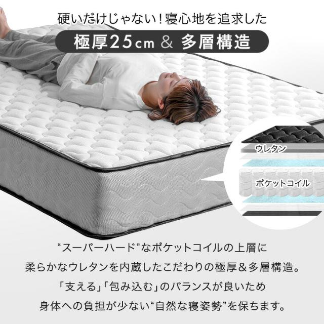 スーパーハード ポケットコイル ダブル マットレス 極厚25cm 体圧分散