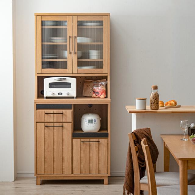 ロータイプ飾り棚 北欧カントリー風デザイン 可動式棚板8枚付き本棚・食器