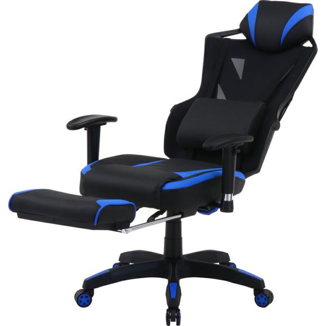 不二貿易 メッシュゲーミングチェア レイズブルー フットレスト付 回転式 リクライニング 19430 Eスポーツ 組立式 幅68.5×奥行65.5×高さ118〜125.5cm 重量19.1kg_3